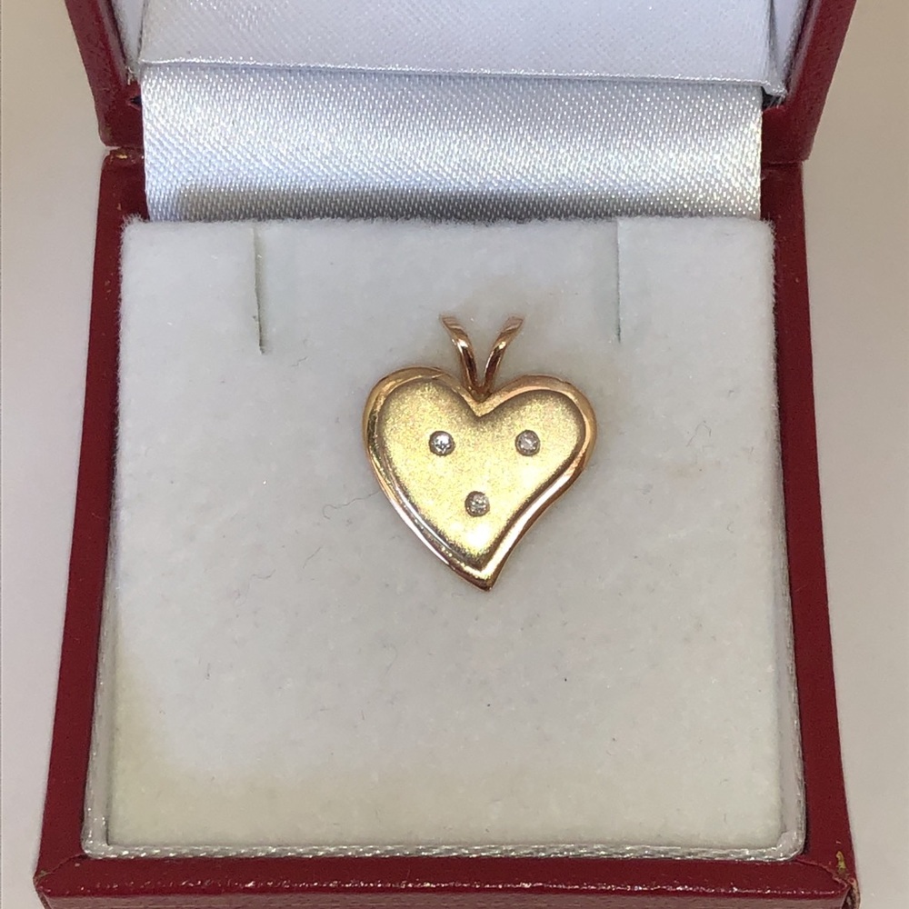 Solid 14K Yellow Gold 3 Diamond Heart Pendant for Necklace